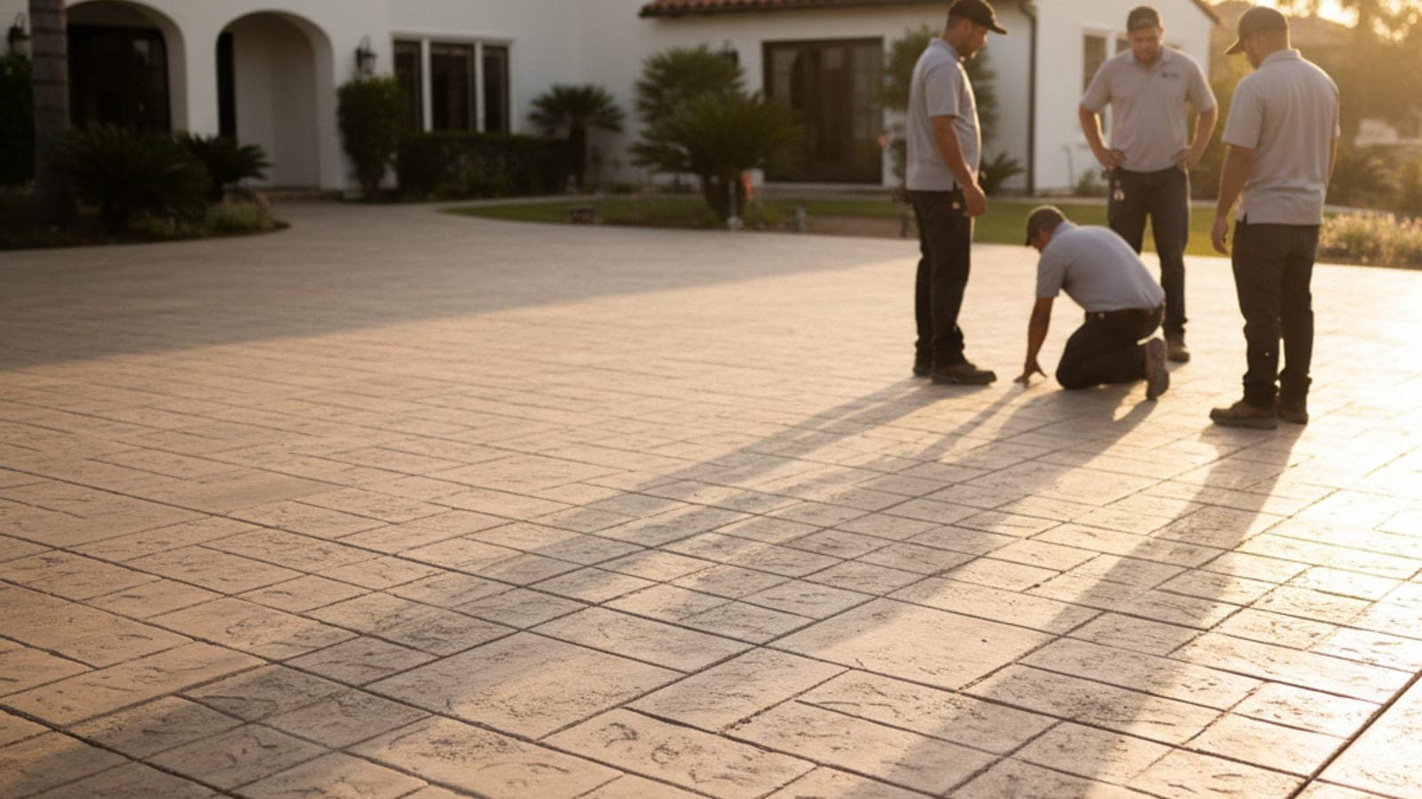 Colored concrete patio in warm earth tones at a San Diego home