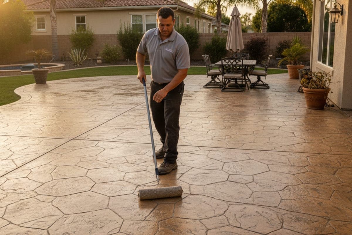 Concrete sealing application on a stamped patio in San Diego